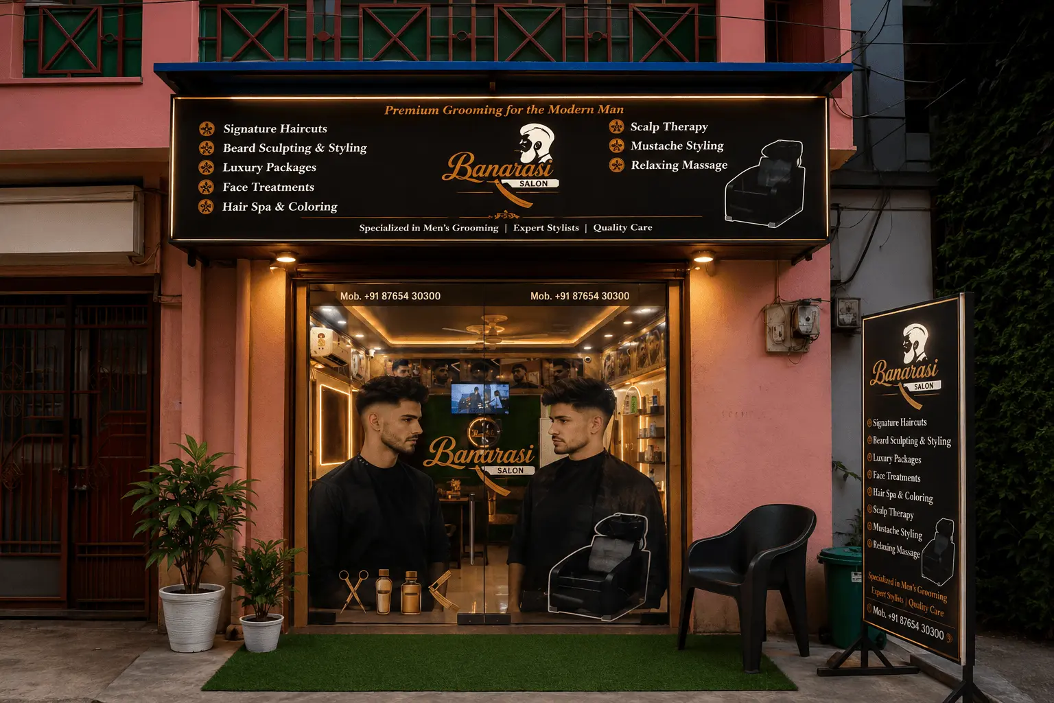 Storefront signage at Banarasi Salon, a men's salon in Varanasi