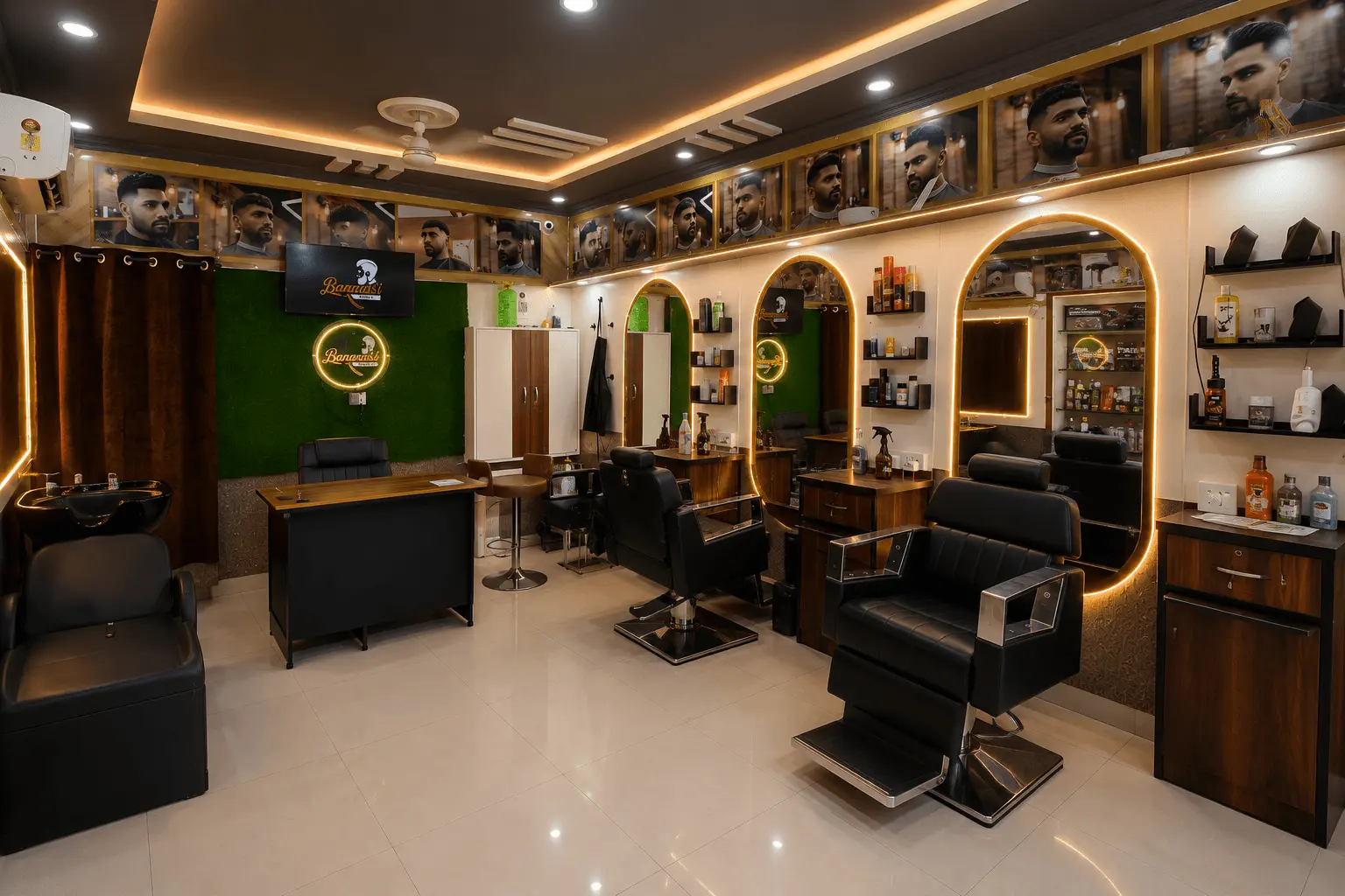 Grooming chairs and styling stations at Banarasi Salon Varanasi